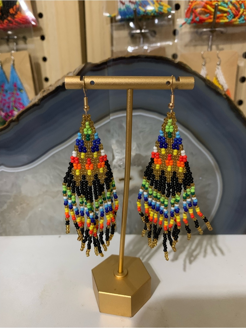 Multicolor Beaded Fringe Earrings — Black & Rainbow Seed Beads